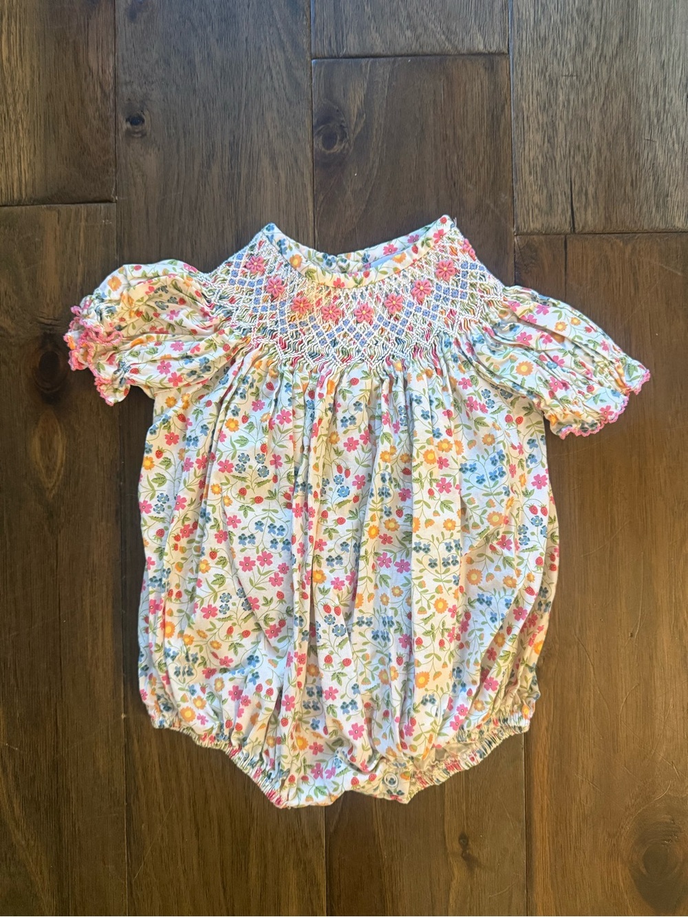Smocked Floral Bubble Romper - Pink/White